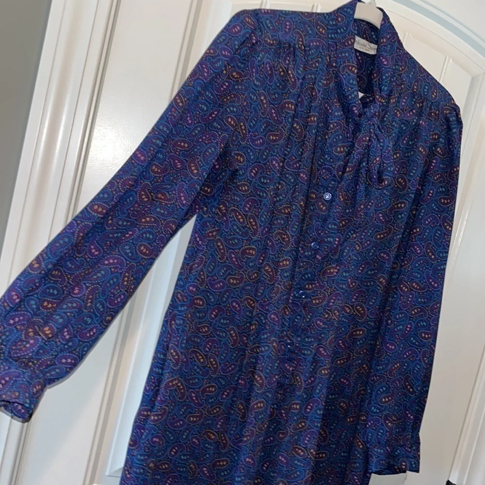 Vintage purple Paisley midi/maxi long sleeve button dress with tie sz L 12 boho